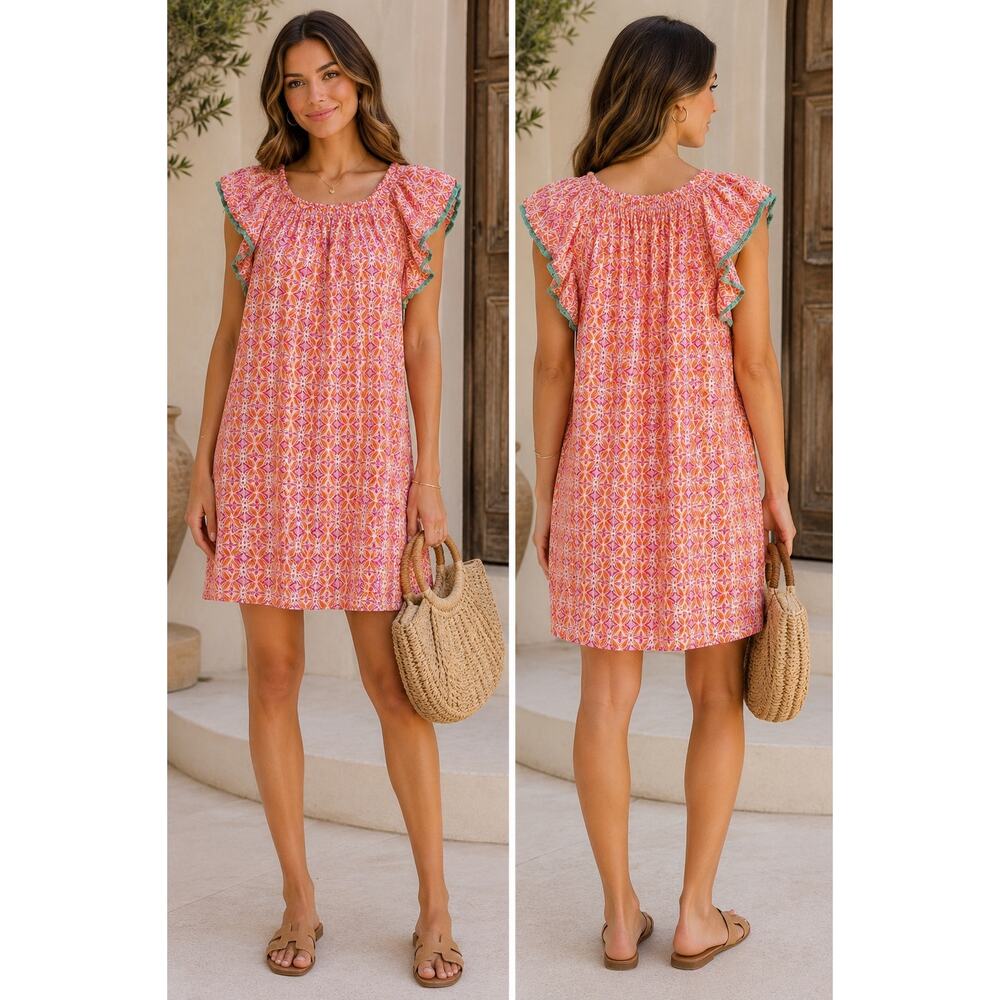 THML Pink Orange Geometric Print Boho Ruffle Sleeve Dress XS